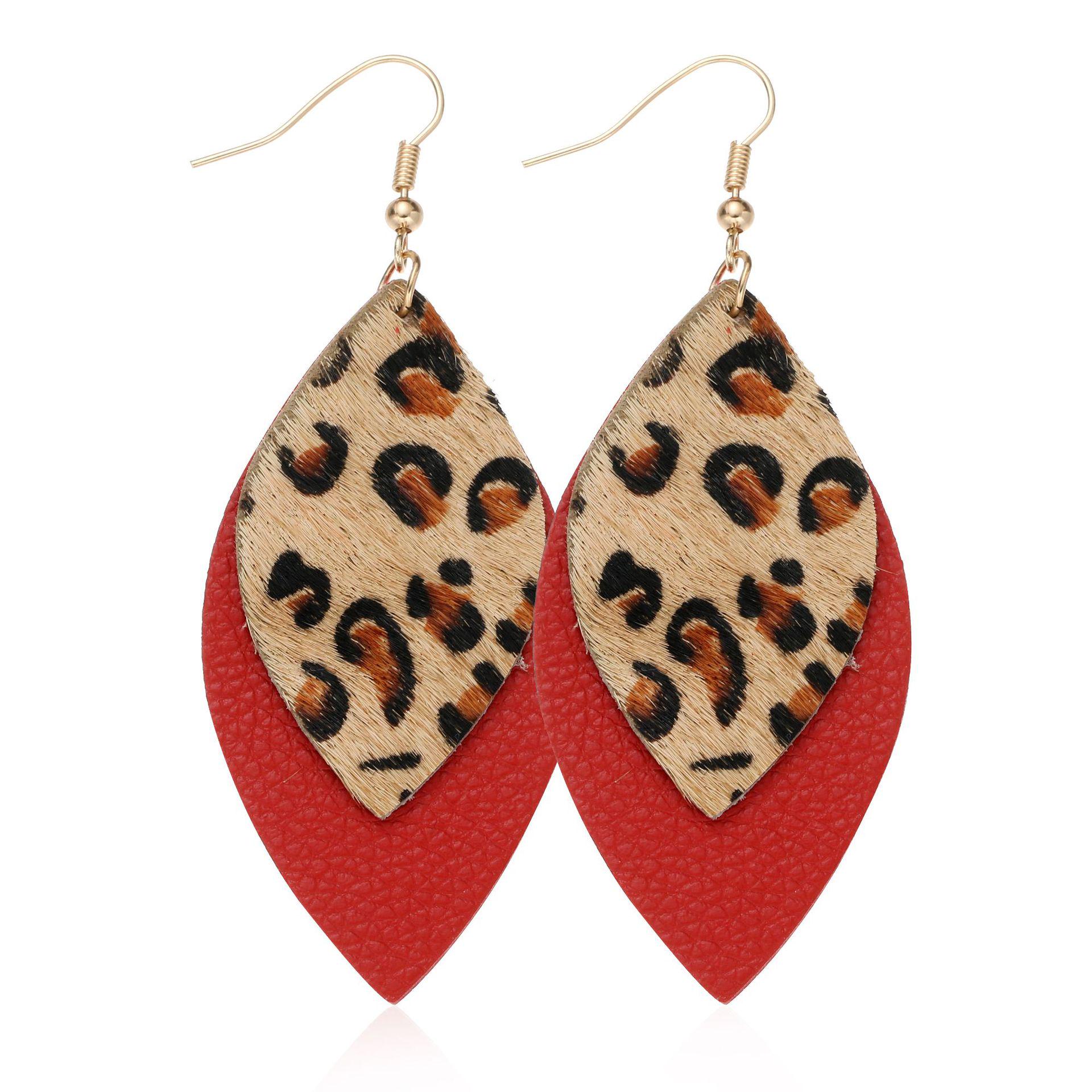 

Handmade European & American Genuine Leather Double-Layer Leopard Print Teardrop Earrings