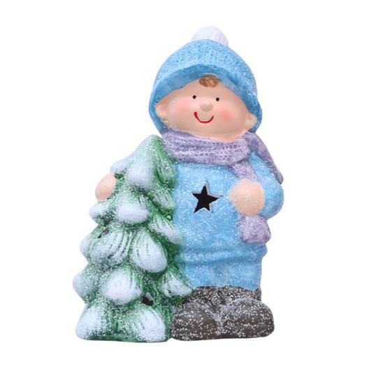 Lighted Ceramic Christmas Figurine Cute Light Up Boy Girl Tree Snowman Statue for Holiday Winter Indoor Mantel Tabletop Fireplace Decor