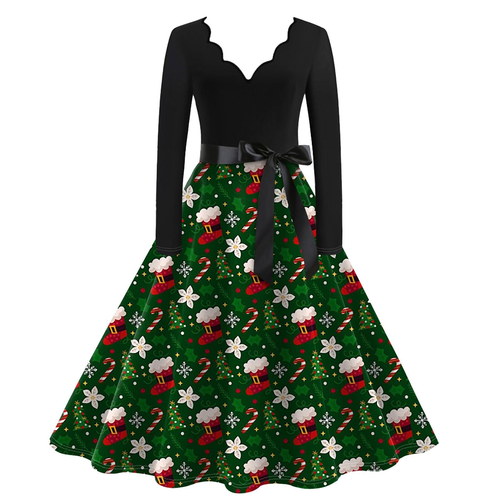 

Женское повседневное модное винтажное платье с V-образным вырезом и длинным рукавом с рождественским принтом XL темно-зеленого