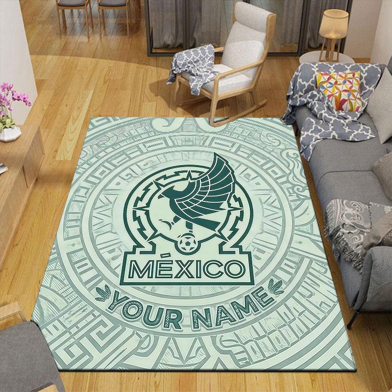 Custom Name,Mexico National Football Team Home Sofa Decoration for Living Room & Bedroom, Non‑Slip Play Flannel Floor Mat for Game Room