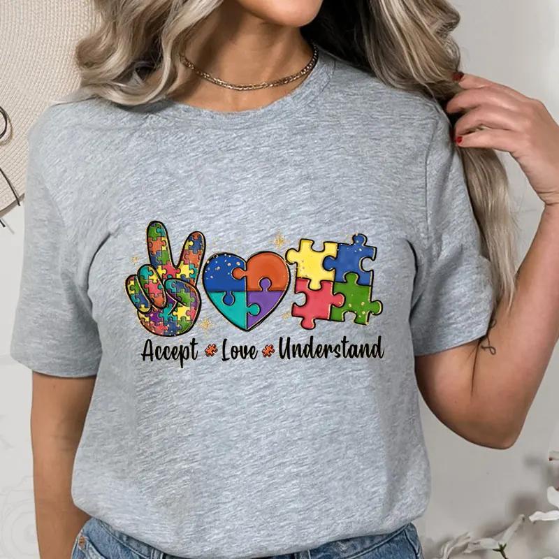 Accept Love and Understand T-shirt Autism Awareness T Shirts Color Puzzle Block Kids Women's Tees Harajuku Streetwear Y2k Tops