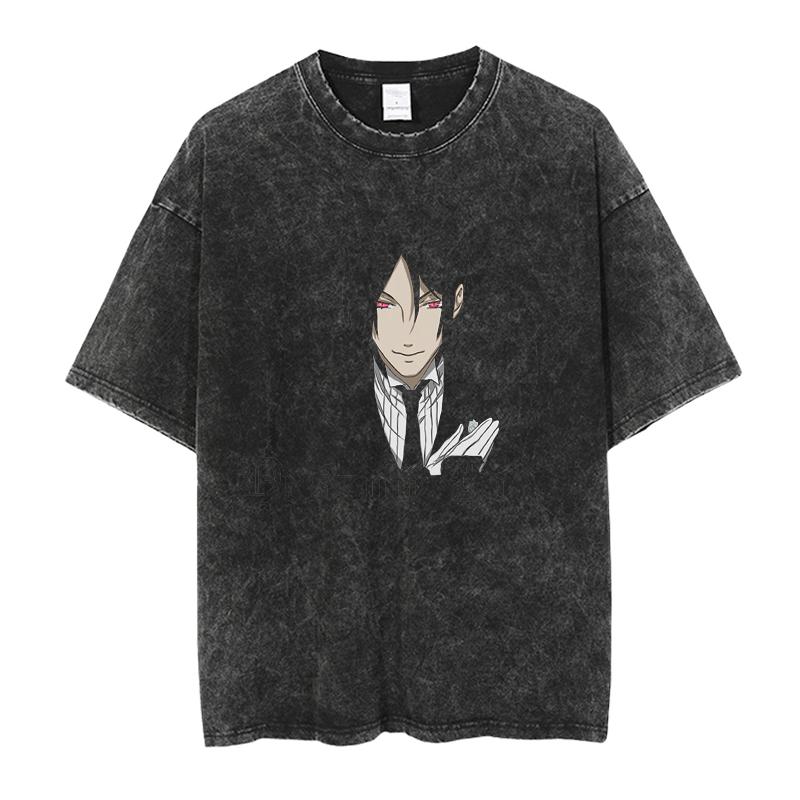 T-shirt Stampata Cool con Personaggio Michaelis Sebastian di Black Butler per Uomo Donna Magliette in Cotone Manga T-shirt Lavata Vintage T-shirt Maschile Harajuku