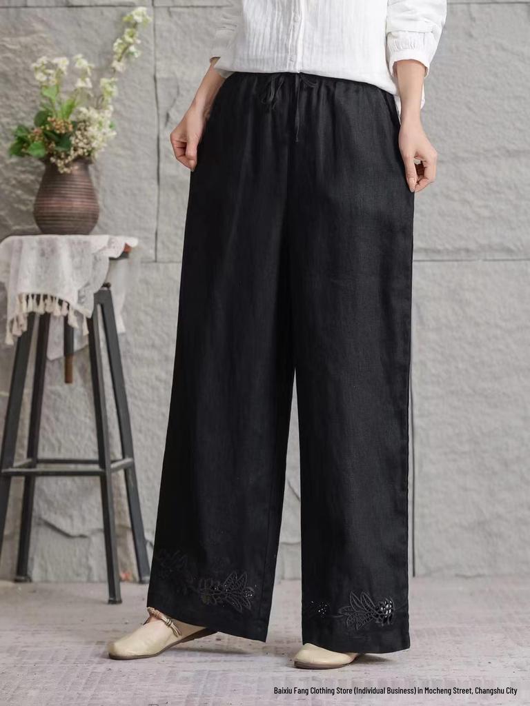2026 Women's Summer Linen Wide-Leg Straight-Leg Slimming Casual Pants - Lightweight, Breathable, Large Size, Simple Fashion