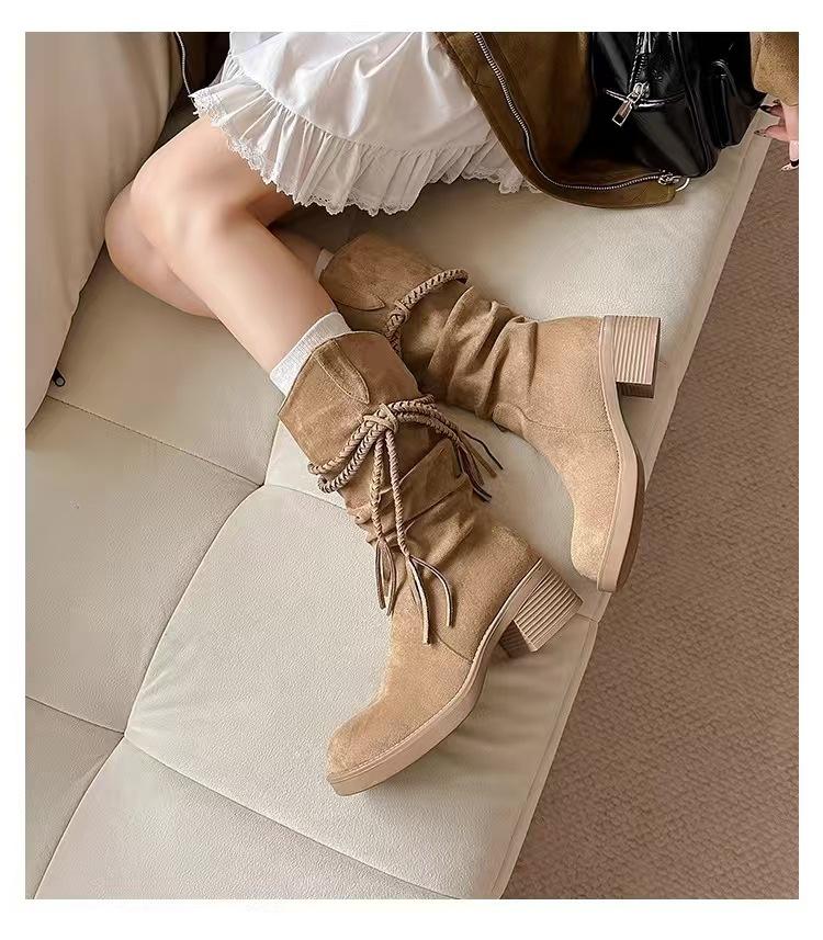 [Grape Mother of the Same Style] Egyptian Boots~ Fringed Thick Heel Medium and High Boots Western Cowboy Boots Women's Stacking Boots