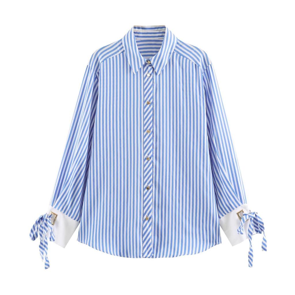 European and American women's clothing 1116 summer lapel striped contrasting color splicing cuffs metal buckle streamer shirt top women