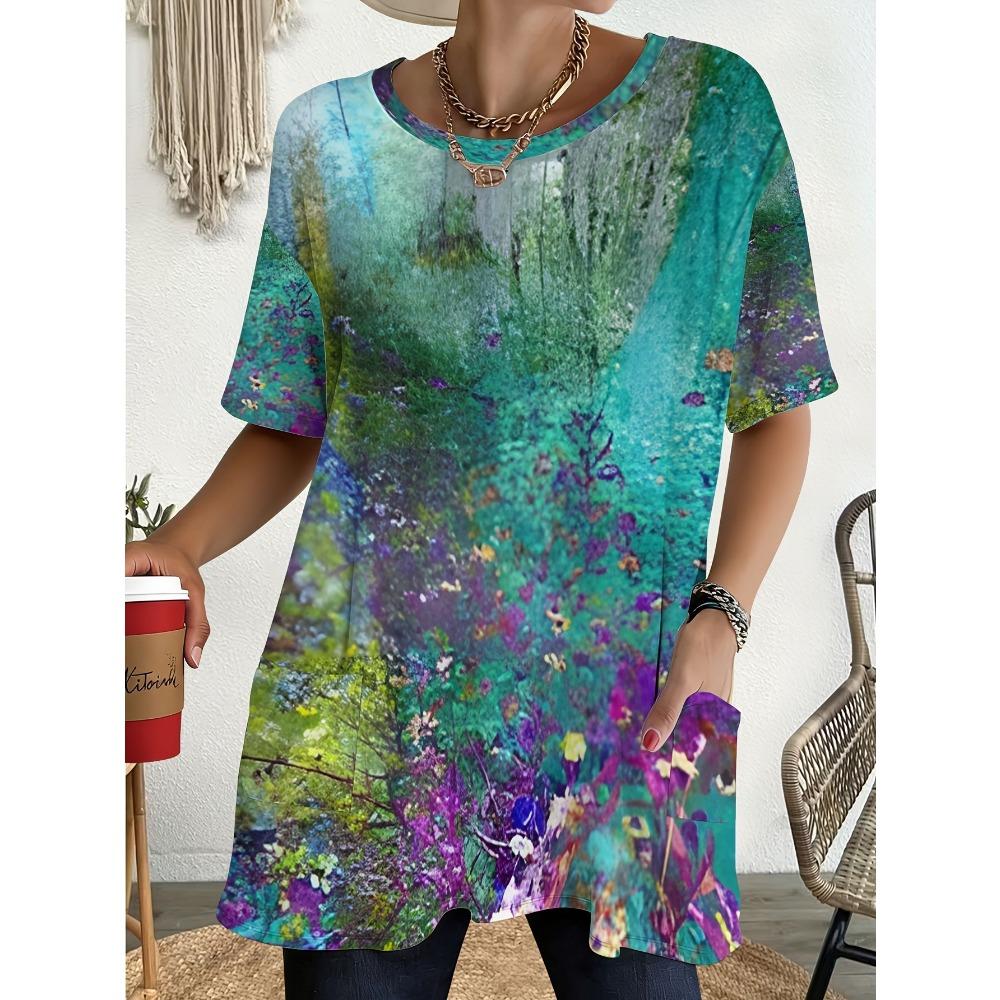 Women's Summer Short Sleeved T-shirt, 3D Printed Pocket T-shirt, Casual Plus Size T-shirt