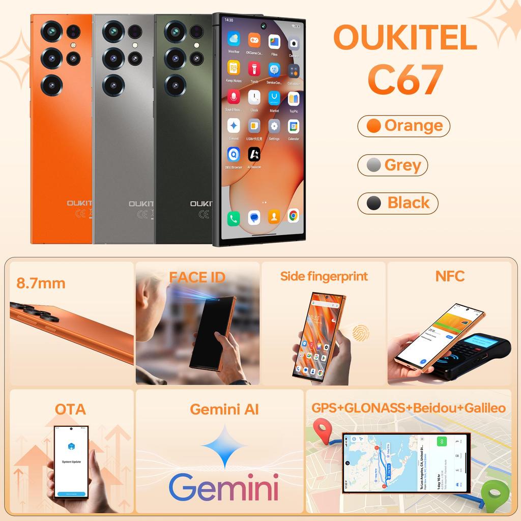OUKITEL C67 Android 16 Cell Phone Unlocked 2026-24GB+256GB, 6.73'' Smartphone 5000mAh, 64MP+8MP, 3.5mm Jack /GPS/Gemini