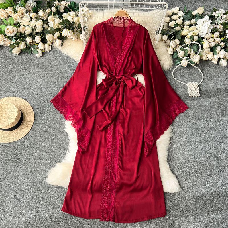 

Lady like Woman High-End Temperament Mid Length Long Length Home Pajamas Nightgown for Women Loose Lace-up Waist-Controlled Lace Patchwork Inverness Burgundy S