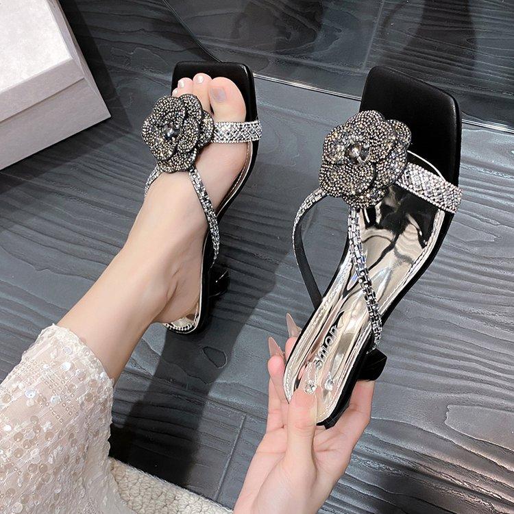 Shoes Slippers Women Summer Slides Thin Heels Fashion Heeled Mules Flower Low Pantofle Luxury High 2025Rome Rubber Floral Fabri