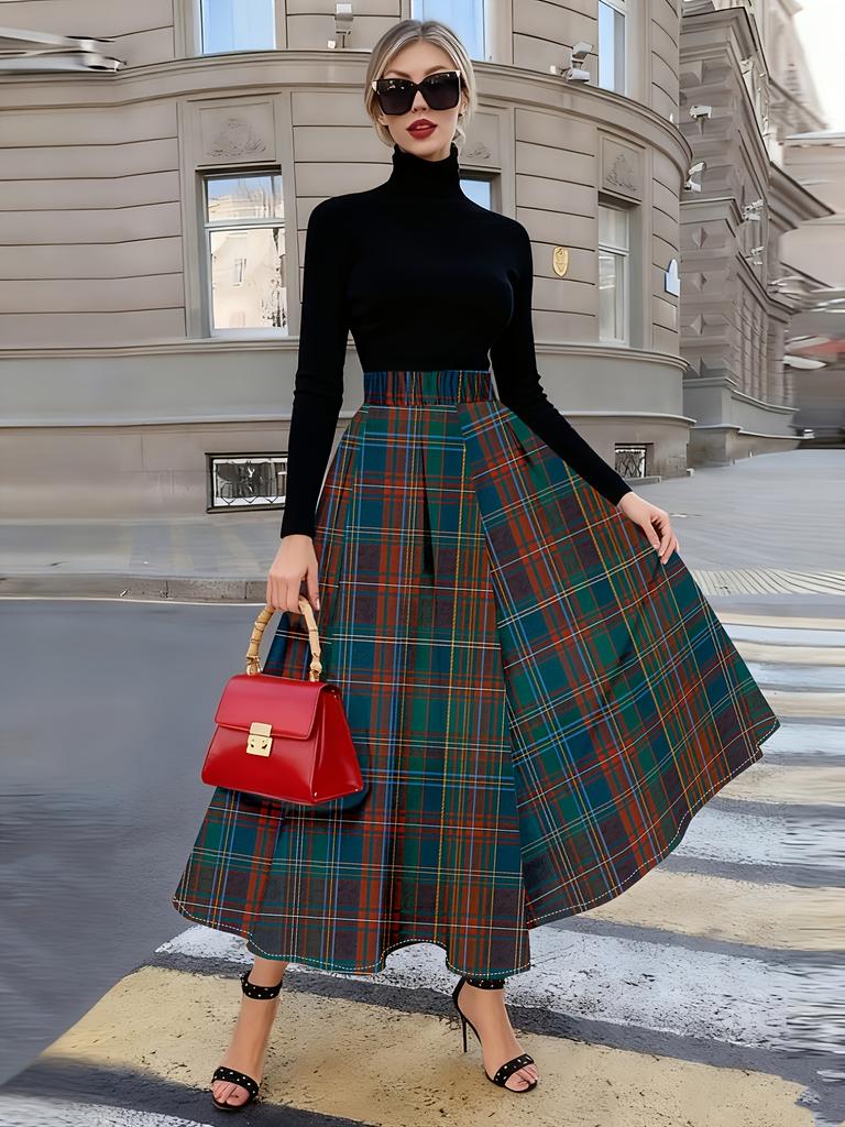 Women's High Waist A Line Midi Skirt for Summer Vacation Casual Office Wear Trendy Pleated Flowy Skirt Elastic Waist Solid