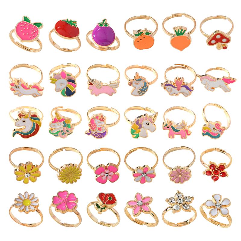 14 Stück/Box Kinder Süße Verstellbare Ringe Rollenspiel Make-up Spielzeug für Mädchen Geschenke Blume Einhorn Legierungsringe Mode Schönheit