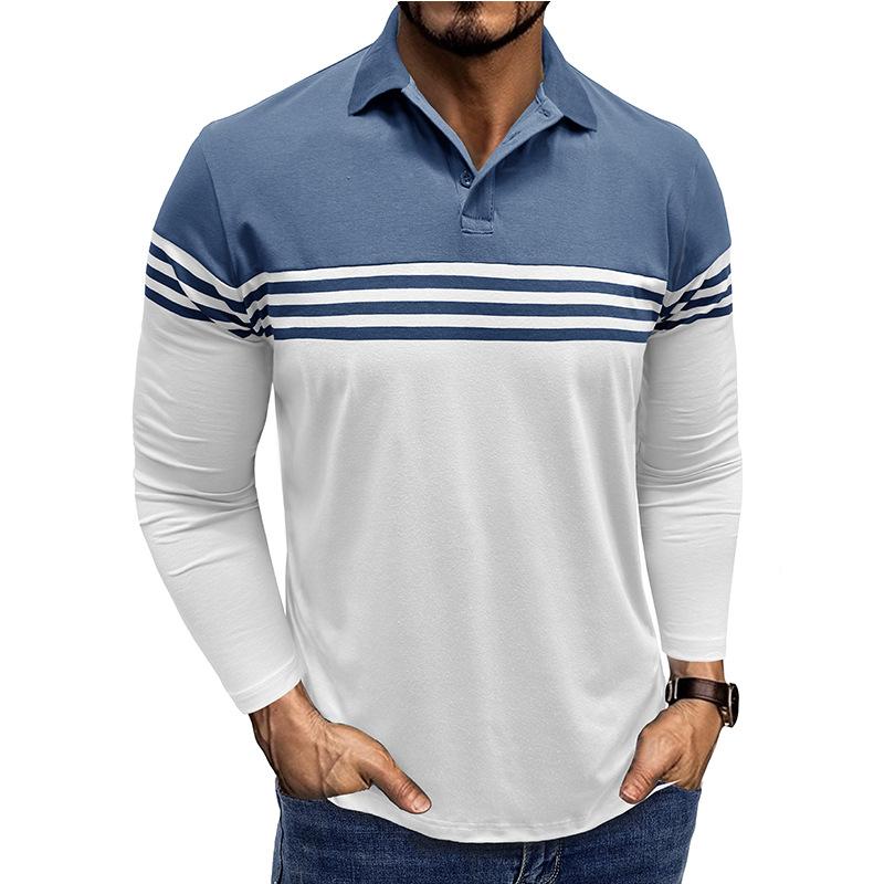 Autumn and Winter Men's Striped Printed Lapel T-shirt Contrasting Color Casual Men's Long-sleeved Polo Shirt