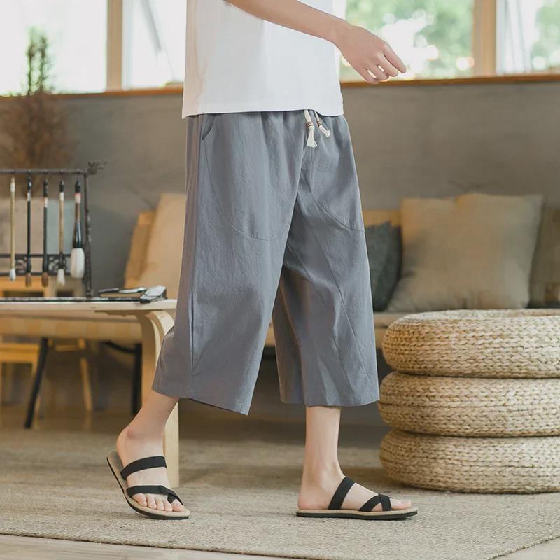 Men's Cropped Chinese Style Linen Shorts - Summer Wide-Leg 7-Point Casual Trousers