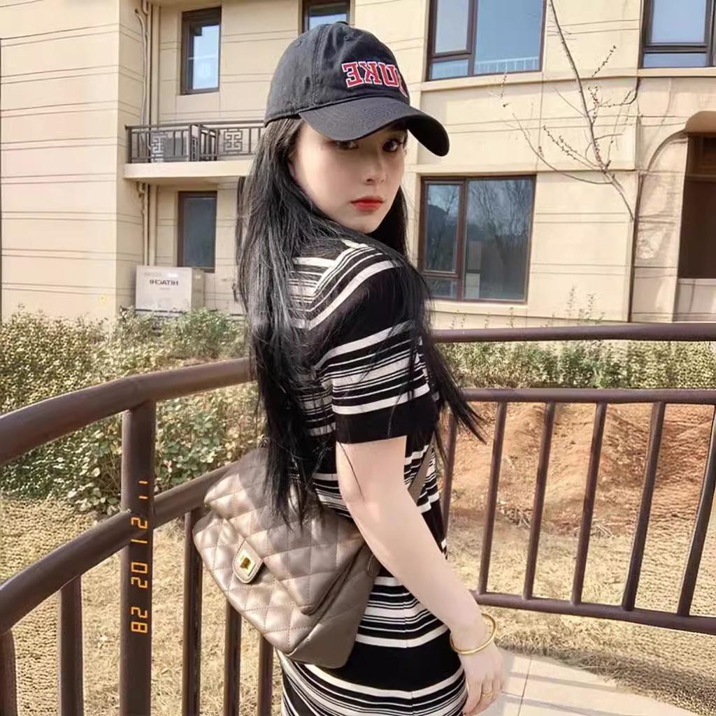 French square neck knitted striped short-sleeved dress women's summer temperament casual pear shape figure slim long skirt