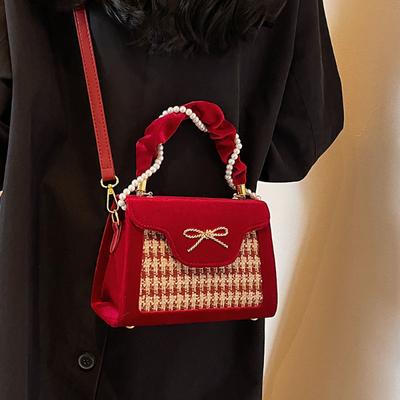 Luxury Red Plaid Bow Crossbody Bag Pearl Velvet Texture Women's  Spring New Handbag Simple Fashion Temperament Wedding Bag