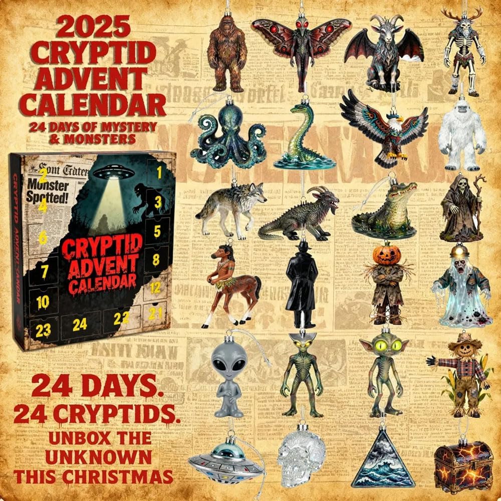 Kryptidový adventní kalendář 2025, 24 dní odpočítávání do Vánoc s 24 různými 2D kryptidovými ozdobami pro výzdobu stromku a pro fanoušky kryptidů