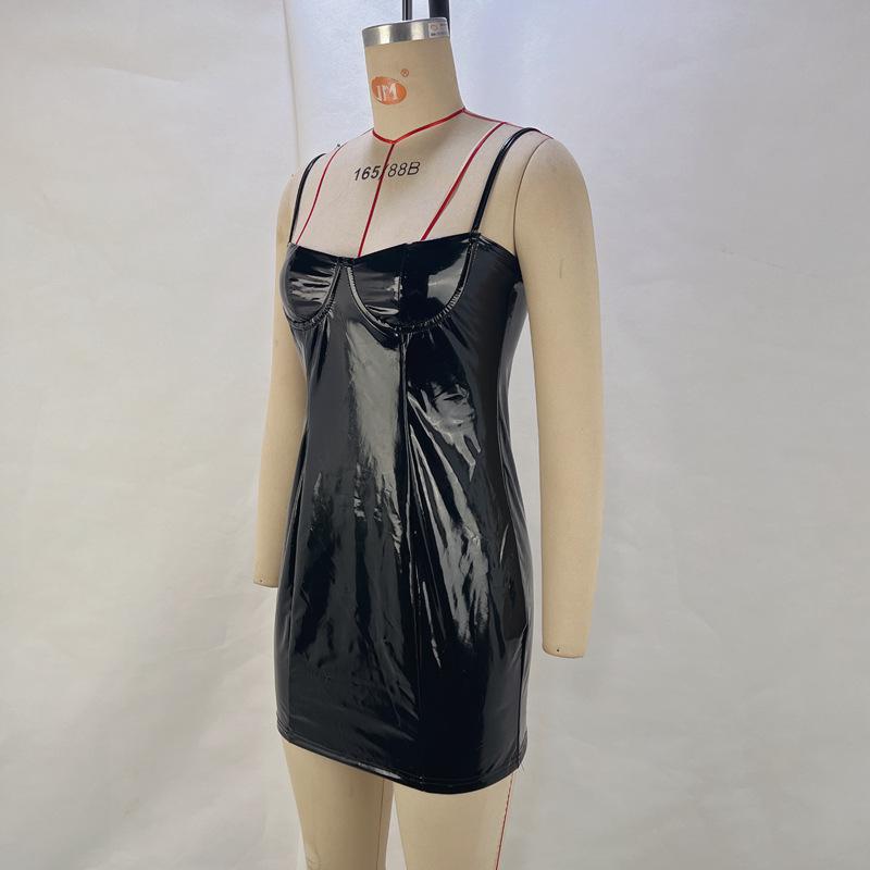 European and American Women's Sexy PU Suspender Dress - Slim Fit Hip Skirt