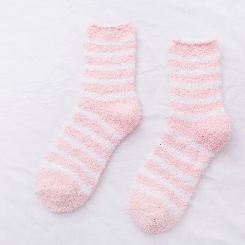 1 Pair Women's Autumn and Winter Striped Coral Fleece Sleep Socks Thickened Warm Mid-Calf Home Socks Simple Floor Socks
