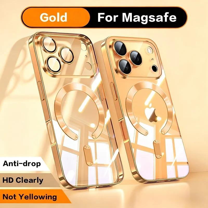 Luxury Plating Magnetic Clear Phone Case For iPhone 17 16 15 14 13 Pro Max 17 Air For Magsafe Lens Protection Shockproof Cover