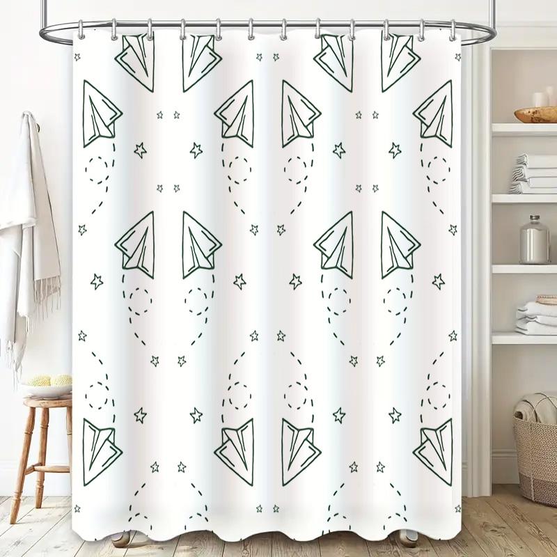 Paper Airplane Shower Curtain with Stars Black White Bathroom Decor for Kids, Teens + Adults Modern Design Waterproof Fabric Siz