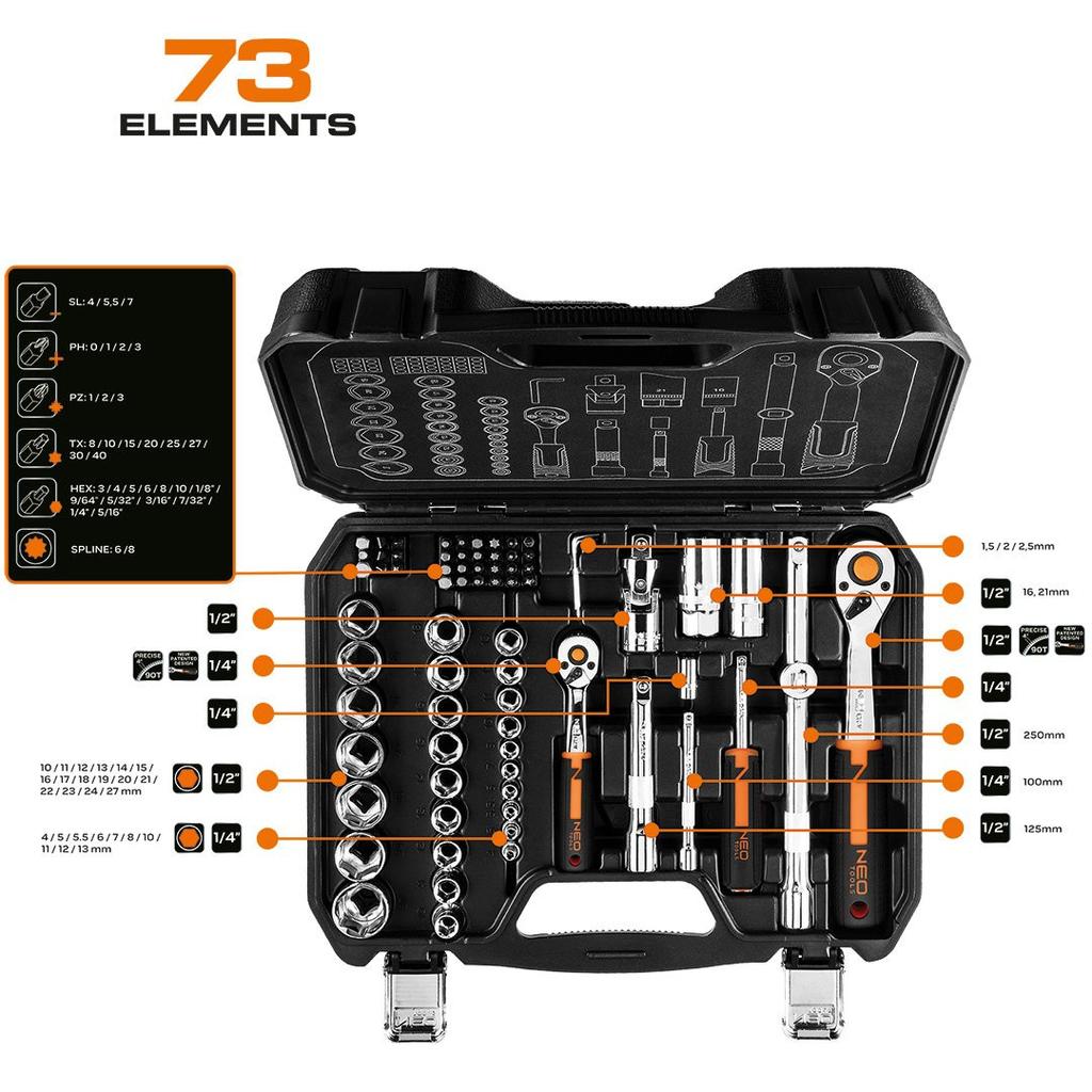 Socket Wrench Set 1/4'' 1/2'' 73 Pieces - T N10-054