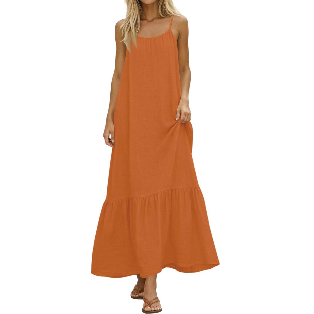 Dames Zomerjurken Spaghetti Bandjes Ronde Hals Gerimpeld Ruches Vloeiend Boho Maxi Jurk