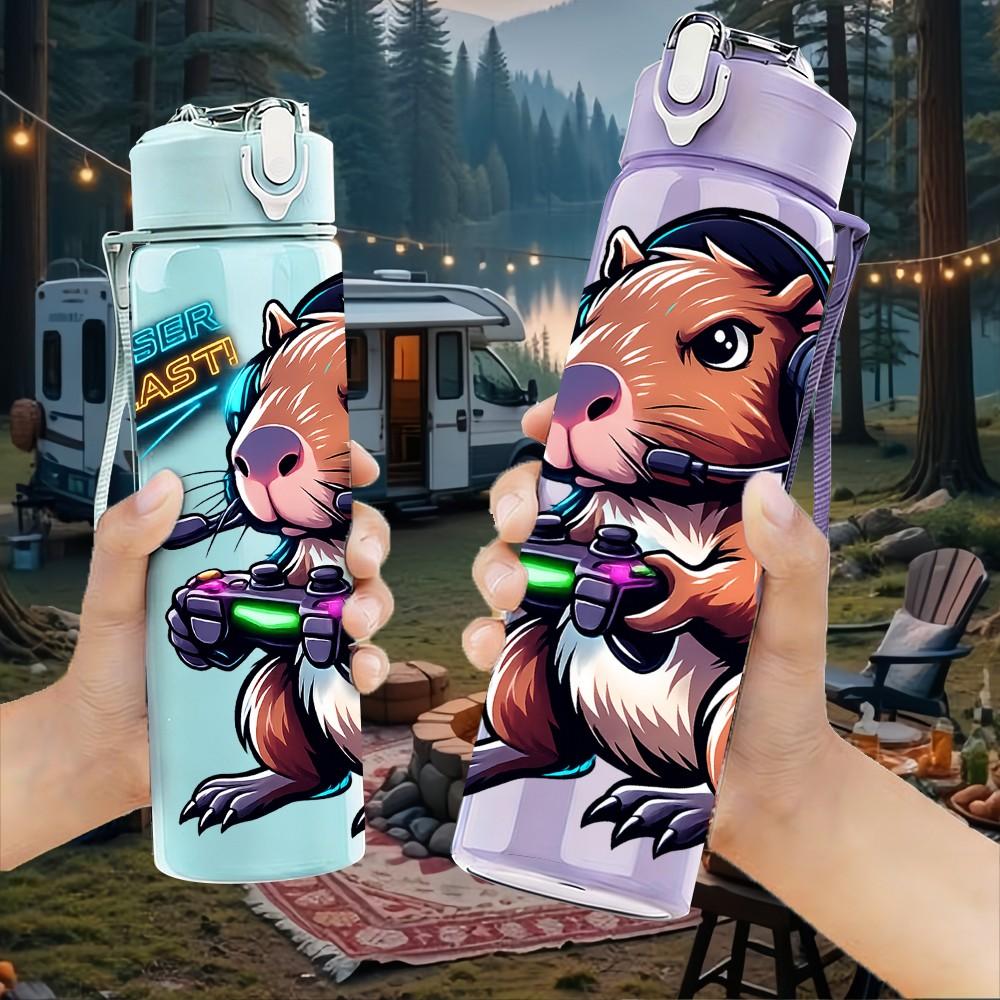 1PC Cute Beaver Backpack Cartoon Print 750ml Color Plastic Sports Water Bottle Leakproof Flip Straw Lid Suitable for Sports Office Home Use