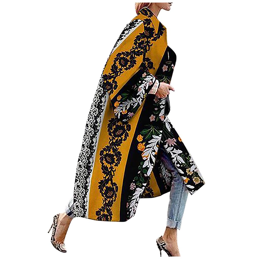 Fashion Women Printed Pocket Jacket Outerwear Cardigan Overcoat Long Trench Coat