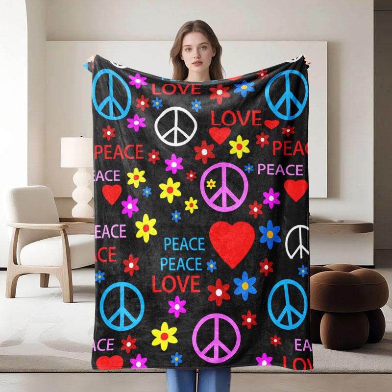 Peace & Love themed colorful fleece blanket, perfect for sofa, bed, office. Ideal gift for family, friends, holidays.