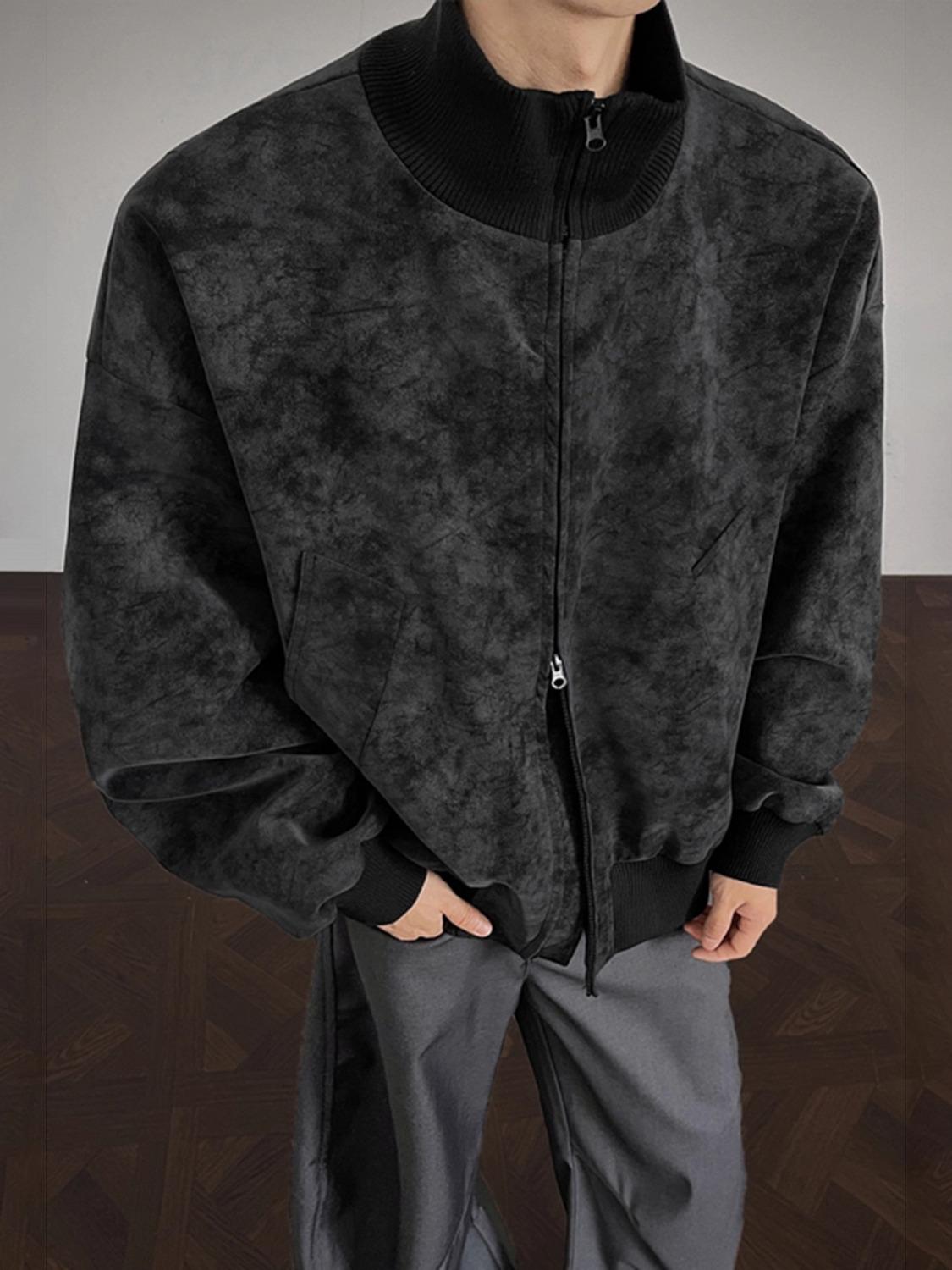 Men s Stand Collar Tie-Dye PU Leather Pilot Jacket - New Winter Style 3XL чёрный