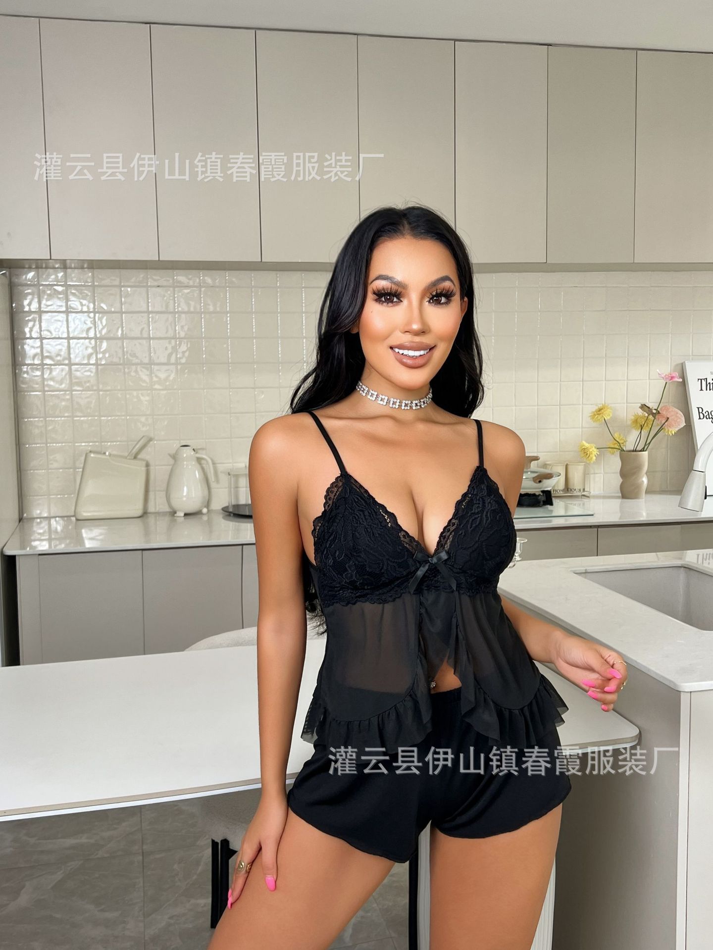 Wind new sexy nightdress suspender dress bow see-through dress women S