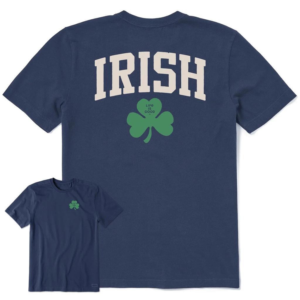 Life is Good. Men's Irish Clover Short Sleeve Crusher Tee, Darkest Blue