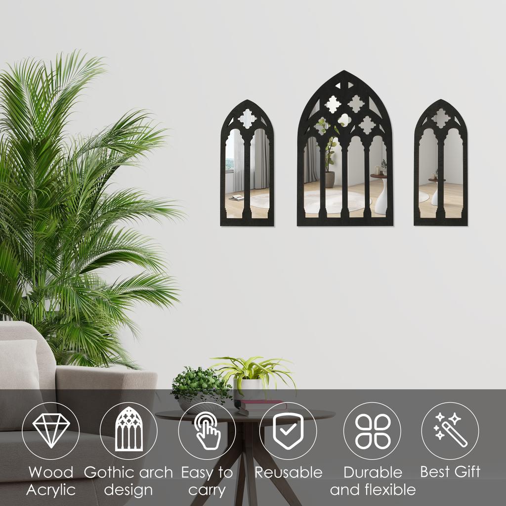 3Pcs Arched Window Wall Mirror Set Gothic Wall Mirror Decor Cathedral Arched Mirror Decor Self-Adhesive Arched Wall Mirror