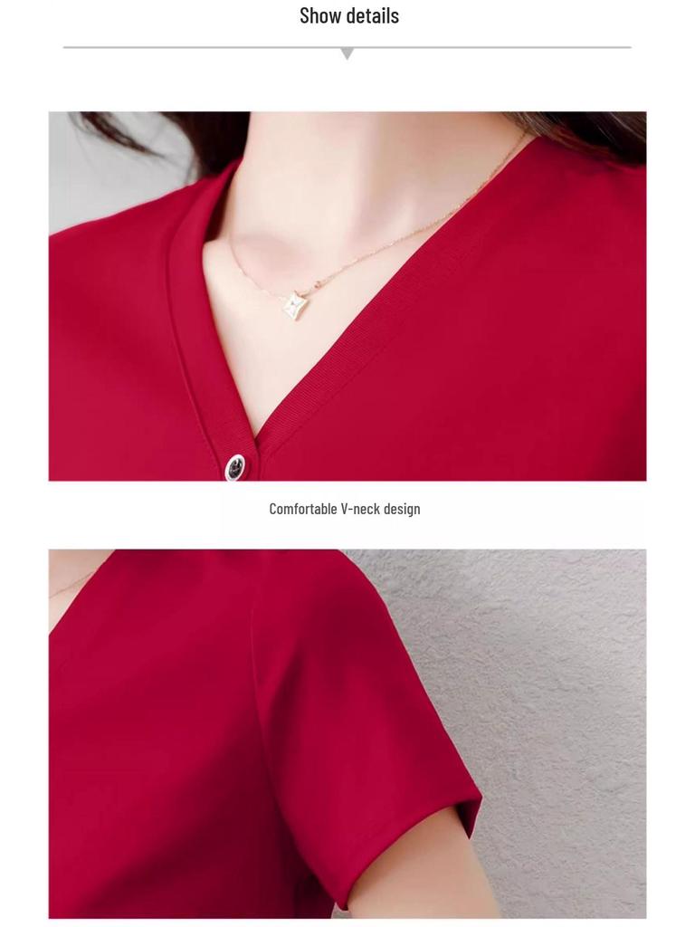 2025 Stylish V-neck Slimming Petite Short Sleeve T-shirt