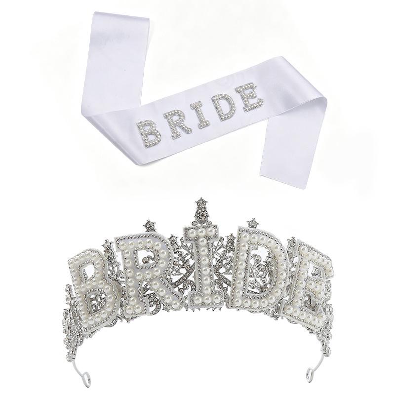 Pearl Lace Bridal Crown & Headband Set with Wavy Edge Sash and Shoulder Straps