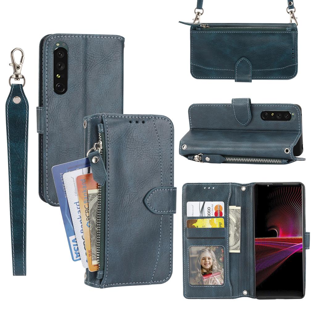 For Sony Xperia 5 IV 5G Case Zipper Pocket Leather Phone Cover with Crossbody Shoulder Strap