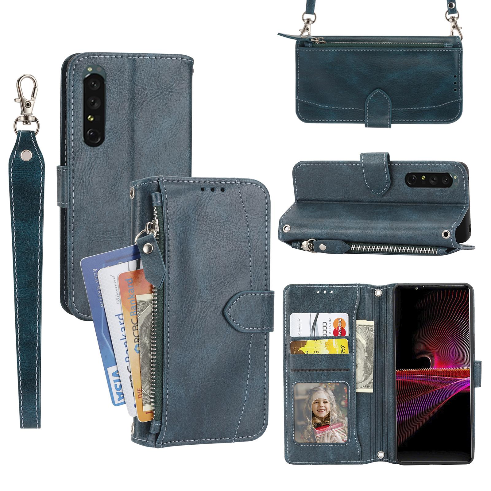 

Для Sony Xperia 5 IV 5G чехол на молнии кожаный чехол для телефона с ремнем через плечо Blue