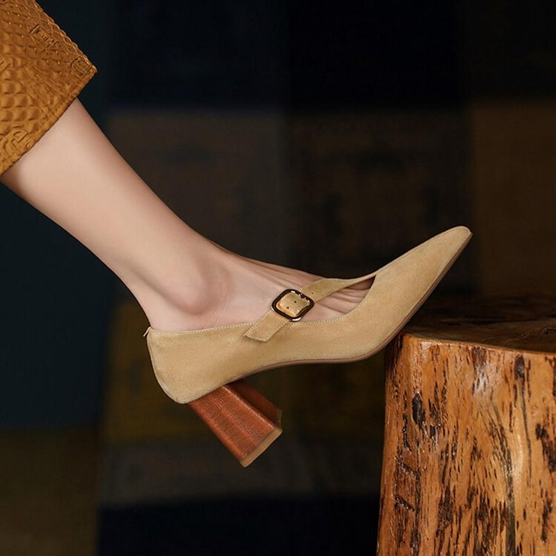 Fashion 2025 Spring Women Shoes Pointed Toe Chunky Heel Women Pumps Sheep Suede High Heels Belt Buckle Shoes for Women zapatos de mujer
