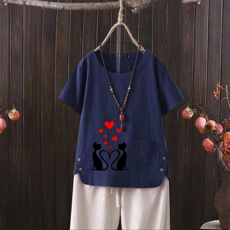 

Футболка женская из хлопка и конопли с V-образным вырезом и принтом кота 2025 года — повседневная и шикарная 4XL темно-синий