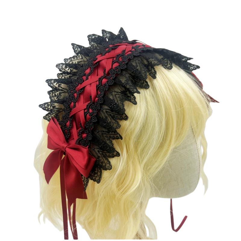 Gothic Lolita Spitzen Schleifen Stirnband - Schwarz Rot Dienstmädchen Haaraccessoire