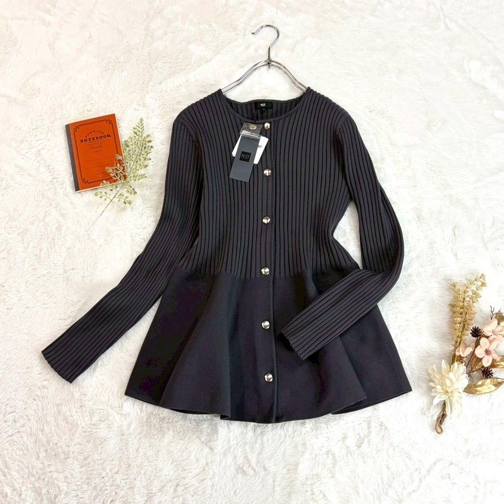 New, unused, regular price 11,000 yen PLST Plaste Whole Garment Peplum Cardigan Rib Knit with Tag Gray Women s L 12-4303006