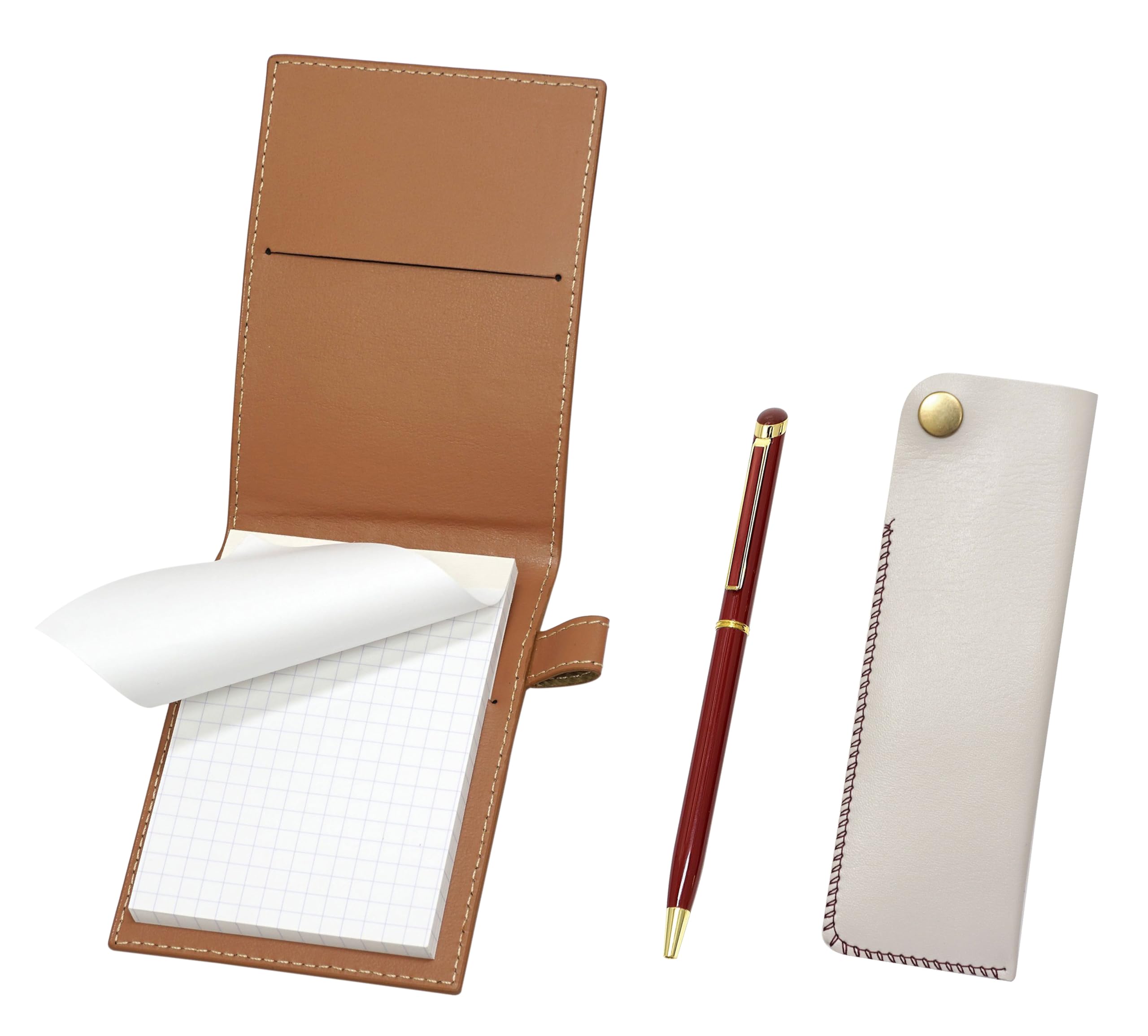

Мини-обложка для блокнота из переработанной коровьей кожи с белым пеналом и набором красных эпоксидных вращающихся шариковых ручек цвета мокко, застежка-кнопка (LS022PM-NK01W-WD002-R)