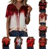 T-shirt décontracté à manches courtes et col en V pour femme, bouton sur le devant, imprimé graphique Halloween, haut léger