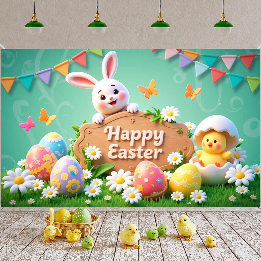 Easter Party Backdrop Colorful Pennants Spring Celebration Background Egg Decor Background Cute Patterns Easter Banner For Photo
