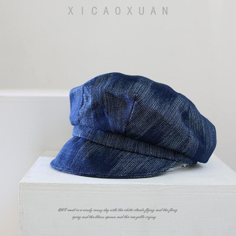 Retro Denim Octagonal Hat Women's Autumn Versatile Painter Hat Washed Beret Retro Casual Newsboy Hat Tide