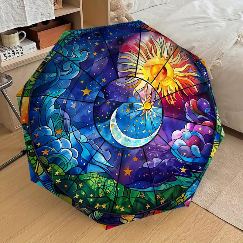 1PC Sun Moon Automatic Open/Close Umbrella with Windproof, 8-Rib Sturdy Canopy, Durable Ribs, Fashionable Design, Outdoor Accessory, Fun Prin, Holiday