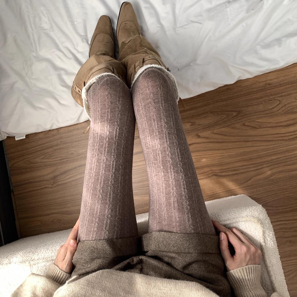 Korean Simple Vertical Striped Tights for Women Vintage Thermal Light Slimming Stockings Winter Versatile Pantyhose Leggings