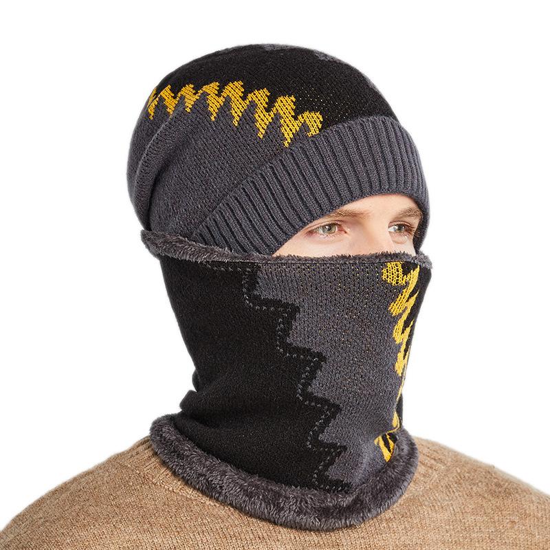 Autumn and Winter Knitted Hat Men's Fleece-lined Warm Scarf Set Sleeve Cap Colorblock All-Matching Woolen Cap