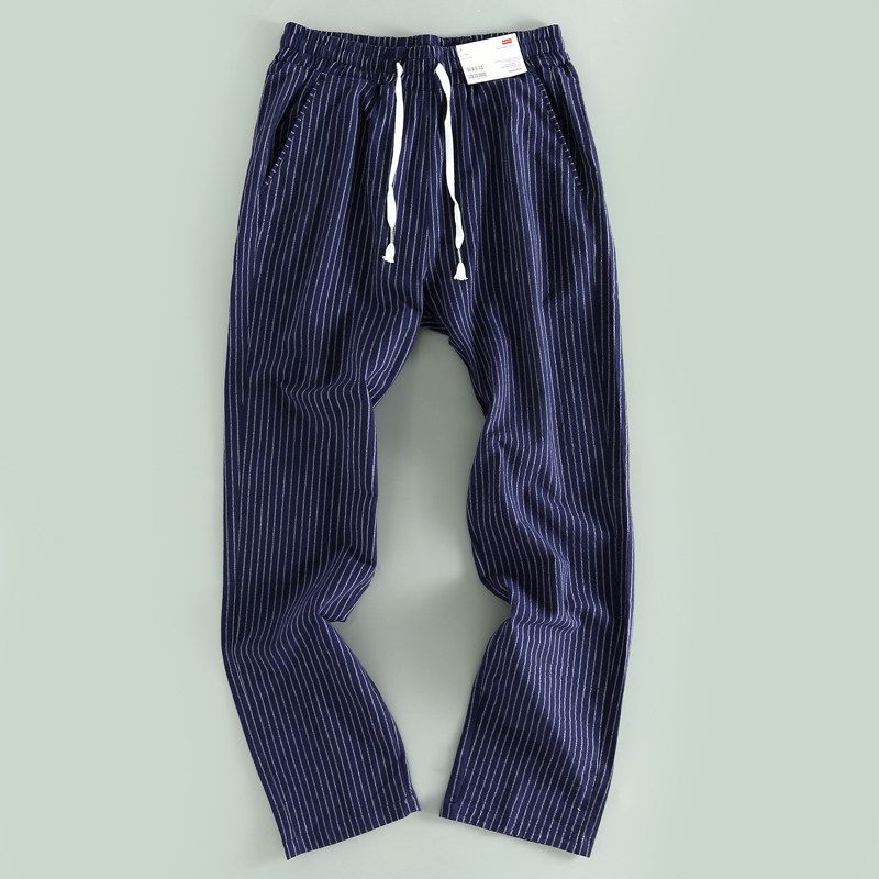 ODM Japanese Style Stripe Long Sleeves Washed Texture Men Loose Thin Section Breathable Casual Pants Elastic Waist Pants Fashionable Goods
