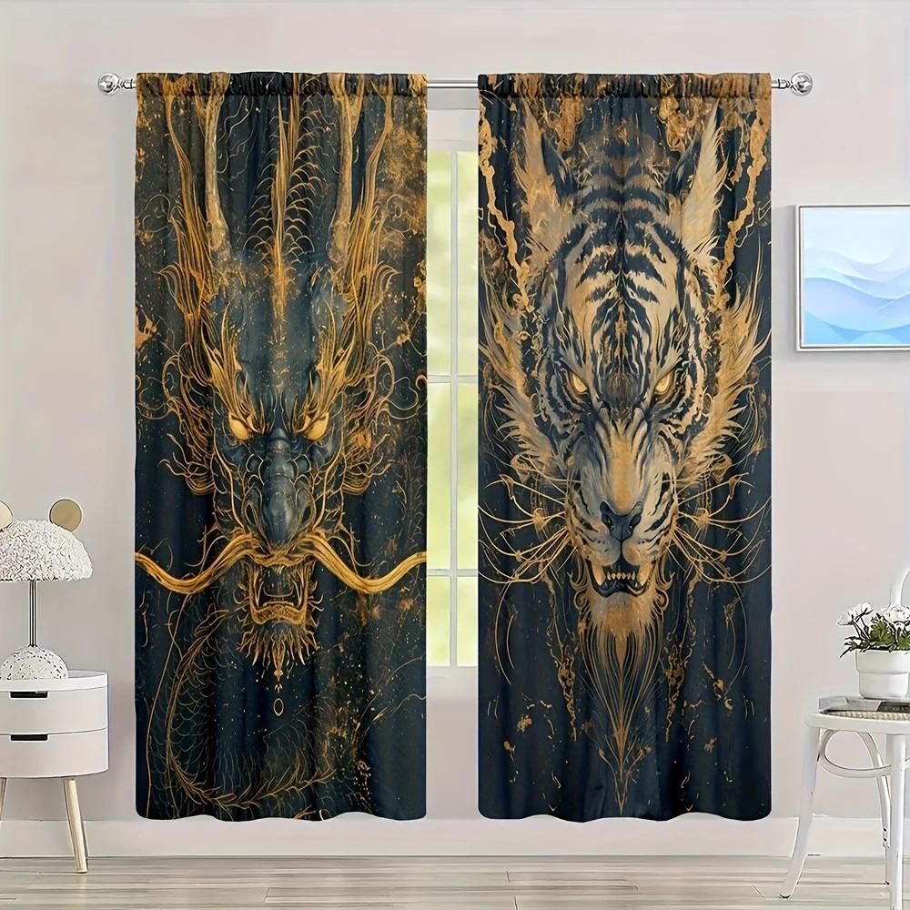 Set Of 2 Golden Dragon Tiger Vivid Curtains Polyester Window Drapes Festival Home Decor Curtain With Rod Pocket Light Blocking